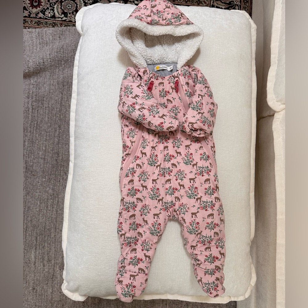 Baby Boden Sherpa Fleece Interior Bunting Snowsuit in Whimsical Deer Print